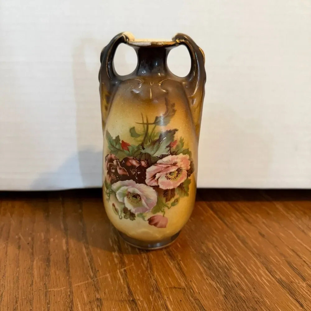Antique Art Nouveau Double Handle Floral Cabinet Vase Gold Trim Austria Style 6